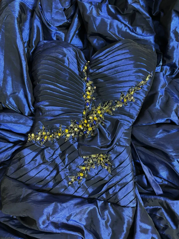 Marineblaues Sweetheart A-Linie Satin Langes Ballkleid Vintage Abendkleid, DP4853