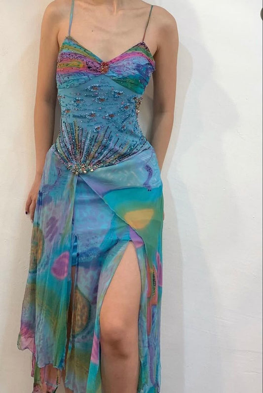 Spaghetti Straps Blue V Neck A-Line Beading Long Party Dress Prom Dress, DP4857