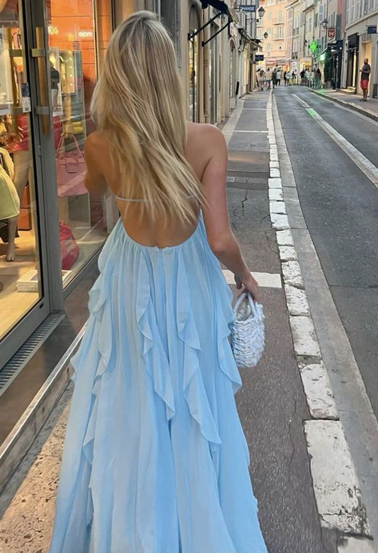 Pretty Blue Backless A-Line Chiffon Long Party Dress Summer Beach Dress, DP4862