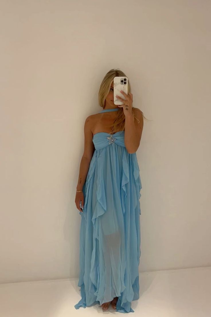 Pretty Blue Backless A-Line Chiffon Long Party Dress Summer Beach Dress, DP4862