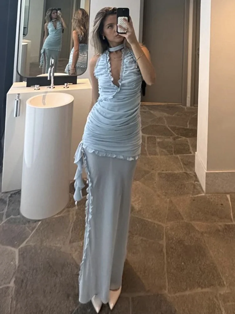 Light Blue V Neck Sheath Chiffon Long Party Dress Wedding Guest Dress, DP4863