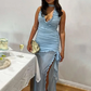 Light Blue V Neck Sheath Chiffon Long Party Dress Wedding Guest Dress, DP4863