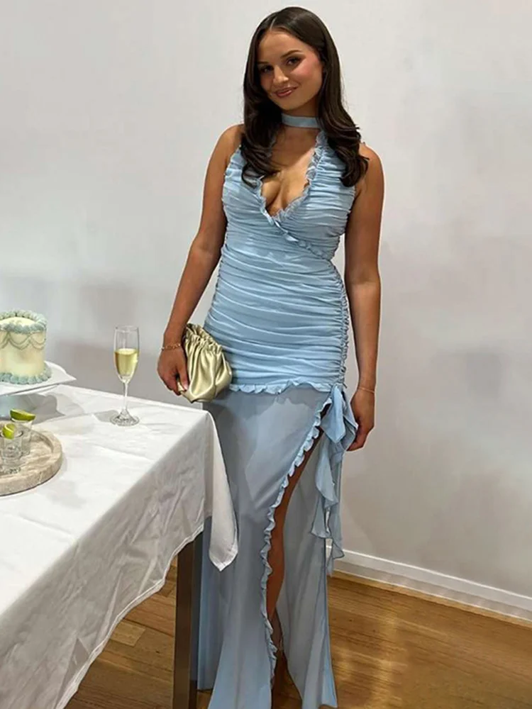 Light Blue V Neck Sheath Chiffon Long Party Dress Wedding Guest Dress, DP4863
