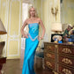 Cute Blue Two Pieces Sheath Satin Long Party Dress Summer Holiday Dress, DP4865