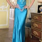 Cute Blue Two Pieces Sheath Satin Long Party Dress Summer Holiday Dress, DP4865