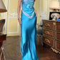 Cute Blue Two Pieces Sheath Satin Long Party Dress Summer Holiday Dress, DP4865