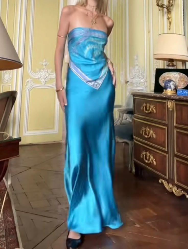 Cute Blue Two Pieces Sheath Satin Long Party Dress Summer Holiday Dress, DP4865