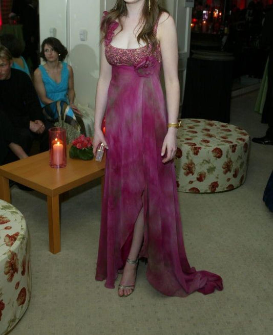 Fuchsia Ombre Straps Beading Chiffon Sheath Long Evening Party Dress, DP4866