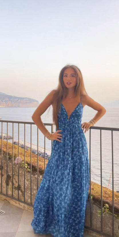 Blue Spaghetti Straps A-Line V Neck Long Party Dress Fashion Beach Dress, DP4870