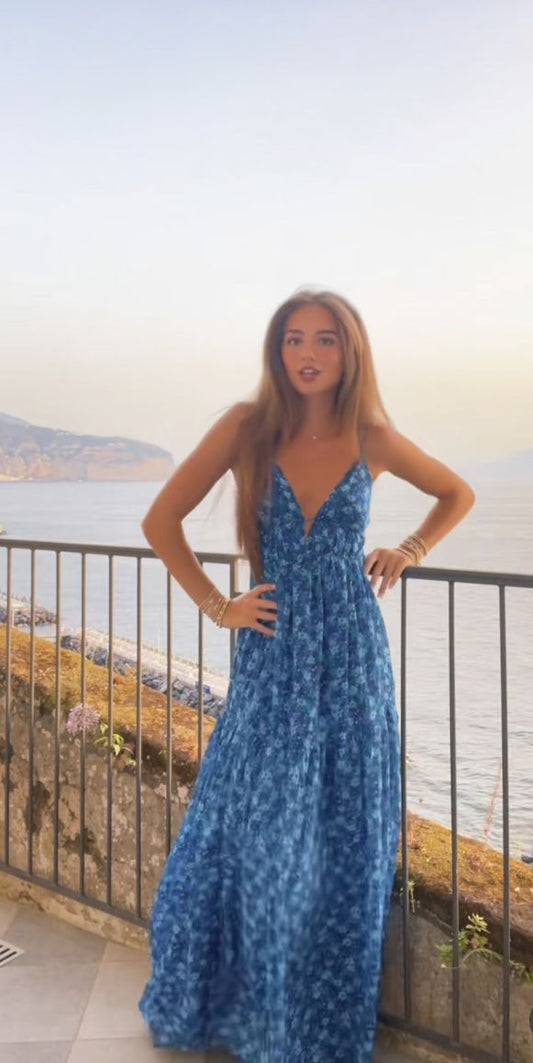 Blue Spaghetti Straps A-Line V Neck Long Party Dress Fashion Beach Dress, DP4870