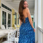 Blue Spaghetti Straps A-Line V Neck Long Party Dress Fashion Beach Dress, DP4870
