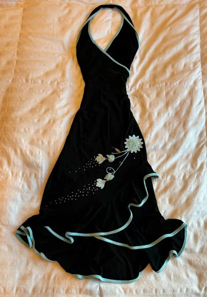 Vintage Black Halter-Neck Sheath Applique Long Party Dress Evening Dress Cocktail Dress DP4873