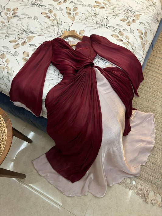 Robe de soirée longue en mousseline bordeaux, col en V, manches longues, coupe trapèze, DP4899