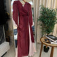 Burgundy V Neck Long Sleeves A-Line Chiffon Long Party Dress Evening Dress, DP4899