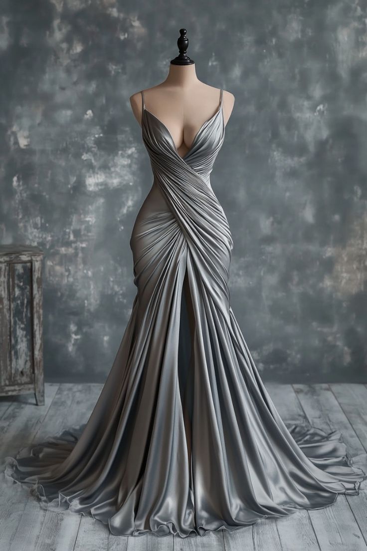 Elegant Grey Spaghetti Straps Mermaid Satin Long Party Dress Evening Gown, DP4901