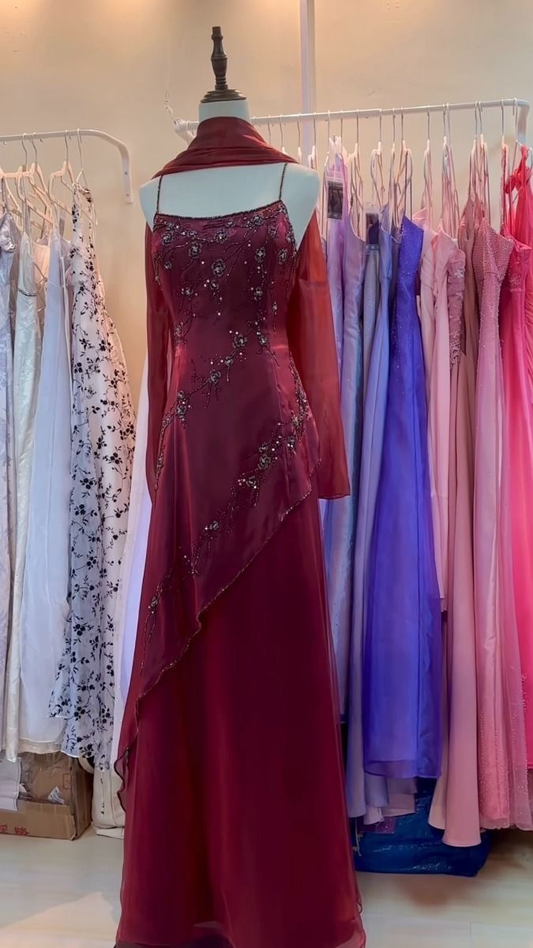 Burgundy Straps Sheath Beading Long Party Dress Vintage Evening Dress, DP4918