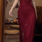 Burgundy Straps Sheath Ruffles Long Party Dress Sexy Evening Dress, DP4919
