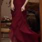 Burgundy Straps Sheath Ruffles Long Party Dress Sexy Evening Dress, DP4919