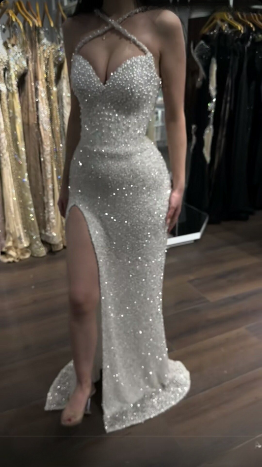 Shiny White Cross Neck Mermaid Beading Long Party Dress Evening Dress, DP4944