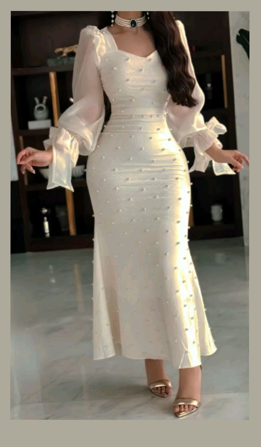 Elegant White Long Sleeves Mermaid Beading Long Party Dress Evening Gown, DP4954