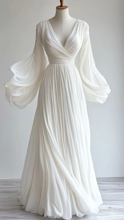 Elegant White Chiffon Deep V-Neck Long Sleeve A-Line Wedding Dress DP4962