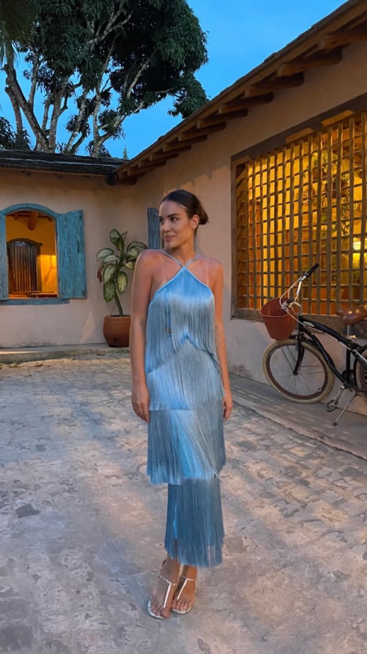 Sexy Blau Neckholder Etuikleid Quaste Langes Partykleid Neue Ankunft Abendkleid, DP4974