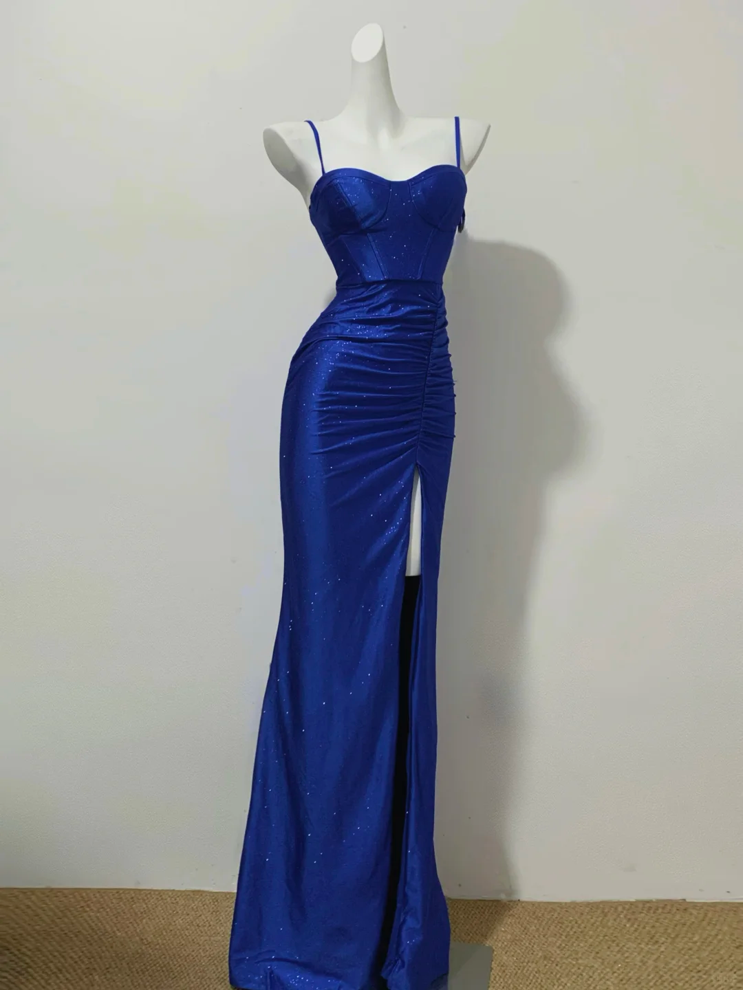 Royal Blue Spaghetti Straps Mermaid Split Sexy Long Evening Party Dress, DP5063