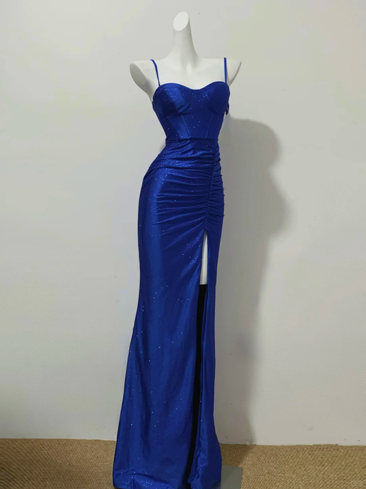Royal Blue Spaghetti Straps Mermaid Split Sexy Long Evening Party Dress, DP5063