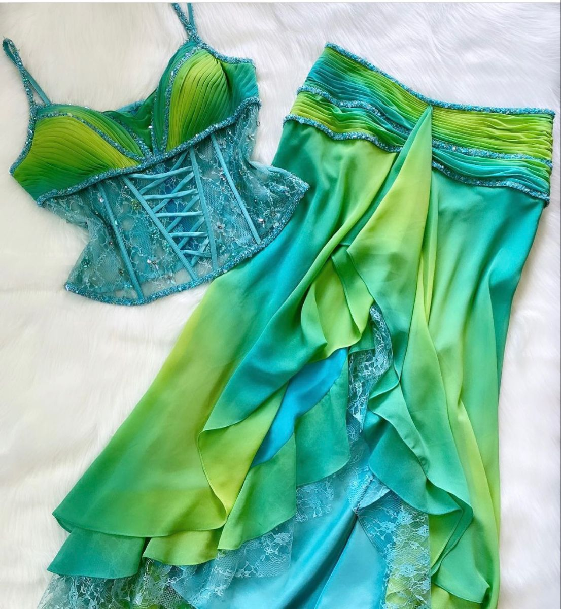 Blue Spaghetti Straps Two Pieces Ruffles Chiffon Vintage Long Party Dress, DP5049