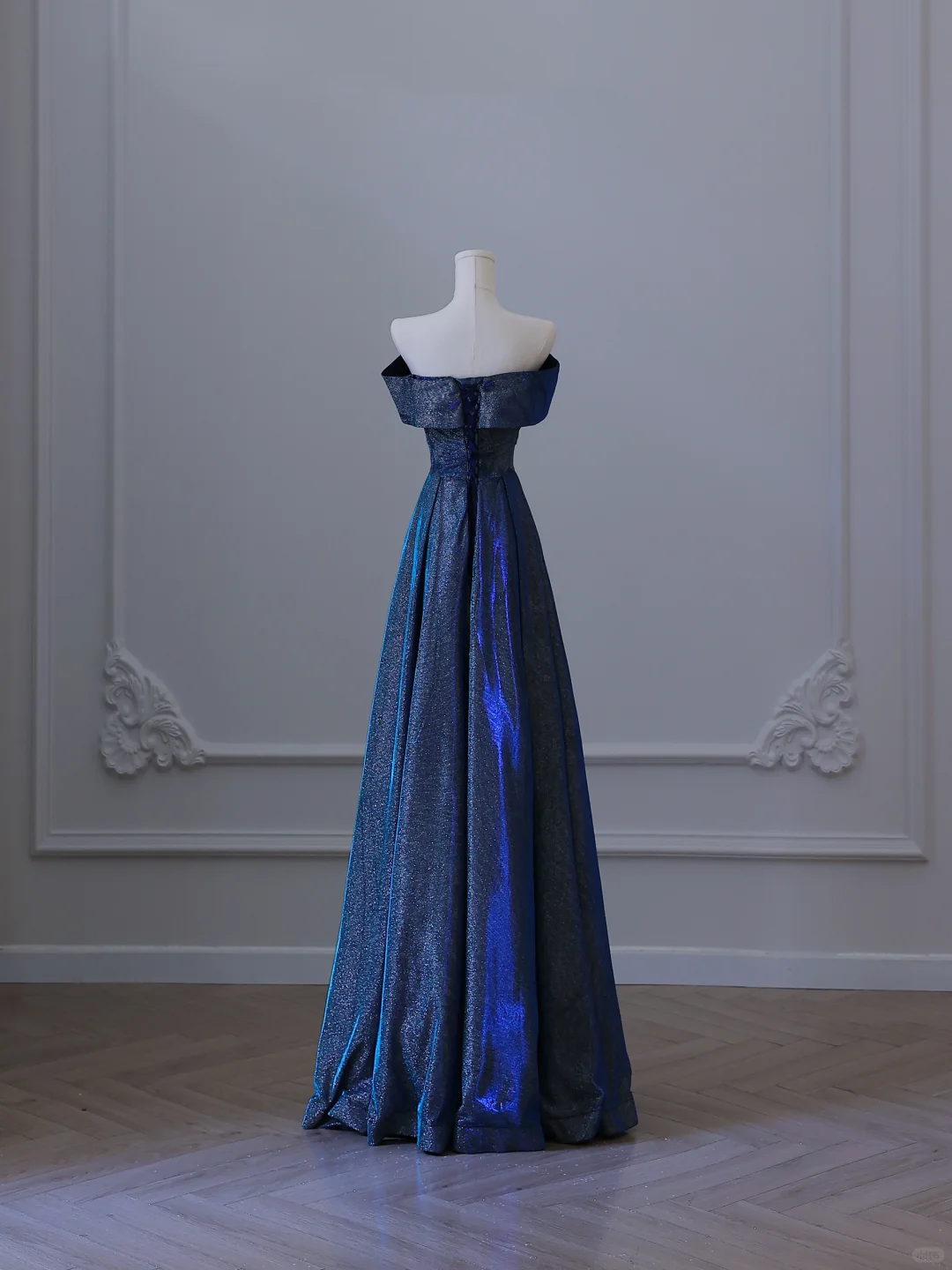 Marineblaues, schulterfreies, langes, glitzerndes Ballkleid in A-Linie, Abendkleid, DP5291
