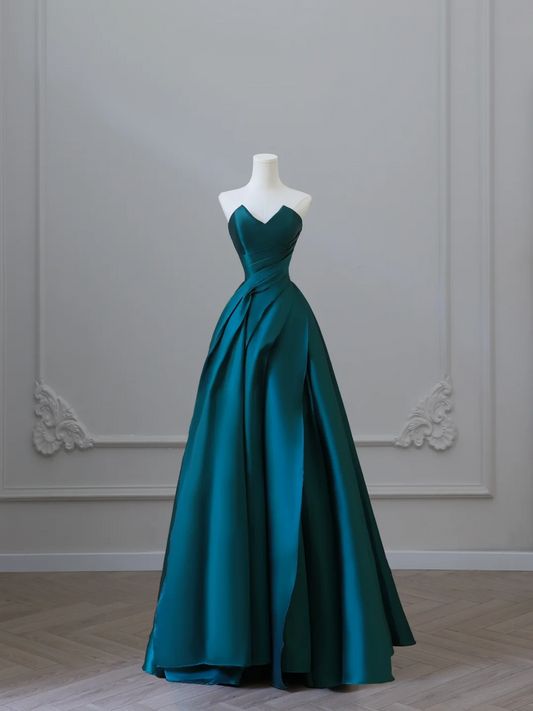 Elegant Green Strapless A-Line Satin Long Formal Prom Dress Evening Gown, DP5292