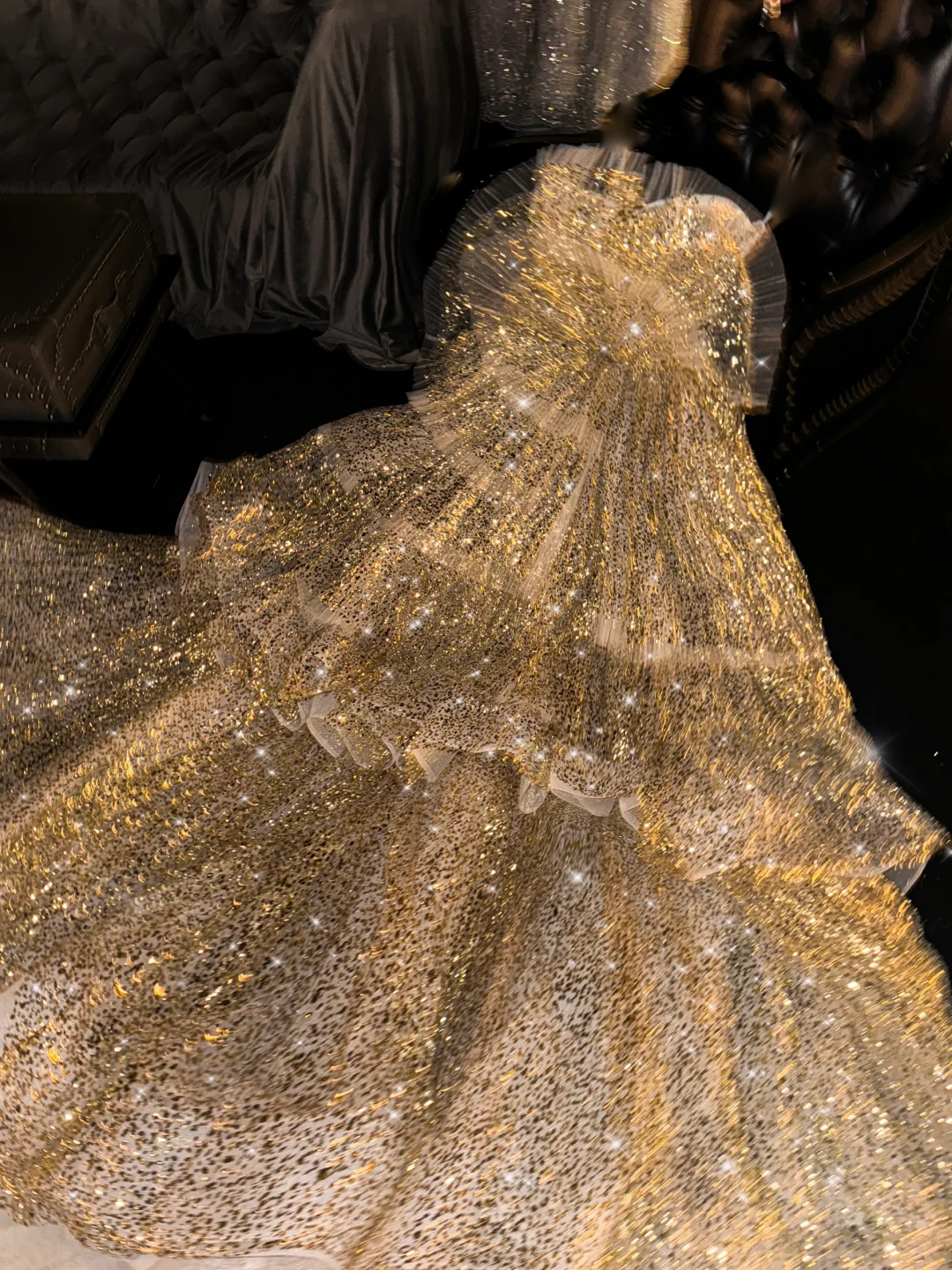 Shiny Gold Strapless A-Line Layers Long Evening Ball Gown Birthday Dress, DP5279