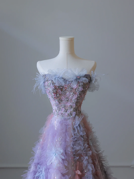 Lilac Strapless A-Line Floral Beading Prom Dress Birthday Outfits Evening Gown, DP5293