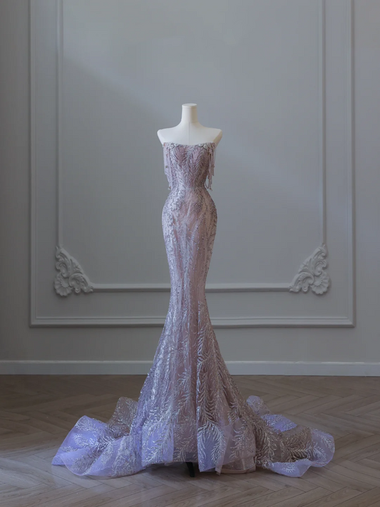 Elegant Off Shoulder Beading Tulle Mermaid Long Prom Dress Evening Gown, DP5305