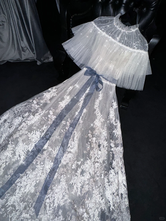 Elegant White A-Line Lace Tulle Long Party Dress Evening Gown Birthday Outfits, DP5308