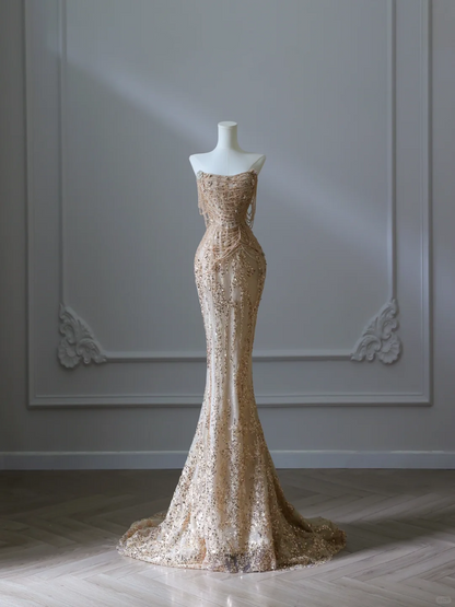 Champagner-Gold, schulterfrei, Perlenbesetzt, Meerjungfrau, langes Ballkleid, Abendkleid, DP5306