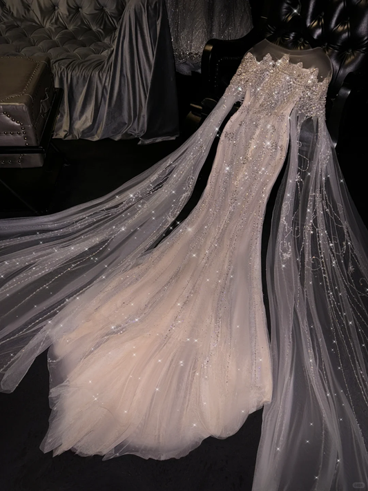Glitter Long Sleeves Mermaid Beading Tulle Long Prom Dress Evening Gown, DP5309