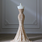 Champagner-Gold, schulterfrei, Perlenbesetzt, Meerjungfrau, langes Ballkleid, Abendkleid, DP5306