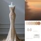 Champagner-Gold, schulterfrei, Perlenbesetzt, Meerjungfrau, langes Ballkleid, Abendkleid, DP5306