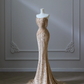 Champagner-Gold, schulterfrei, Perlenbesetzt, Meerjungfrau, langes Ballkleid, Abendkleid, DP5306