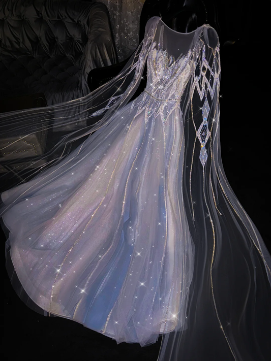 Elegant Lilac A-Line Tulle Beading Long Prom Dress Evening Dress with Cape Sleeves, DP5311