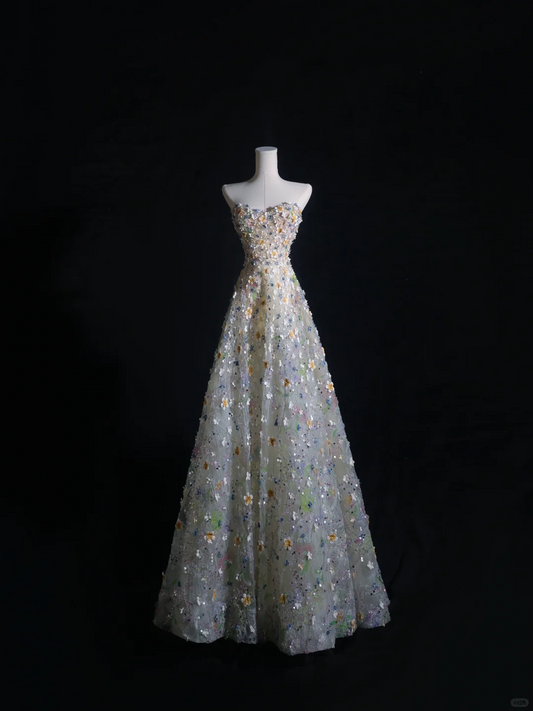 Pretty Strapless A-Line Floral Long Formal Prom Dress Evening Gown, DP5320