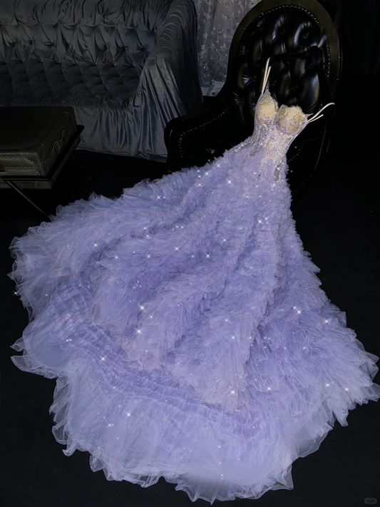 Lavender Sweetheart A-Line Tulle Beading Long Evening Dress Birthday Ball Gown, DP5313