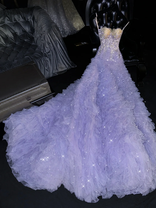 Lavender Sweetheart A-Line Tulle Beading Long Evening Dress Birthday Ball Gown, DP5313