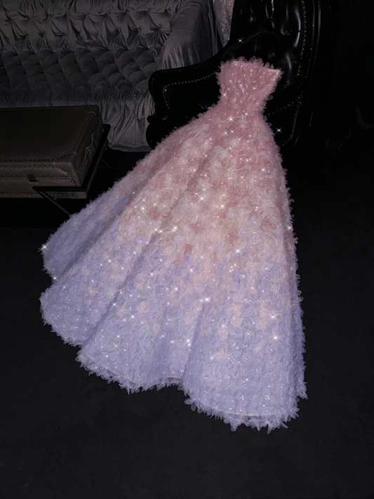 Fairytale Strapless A-Line Tulle Beaded Long Prom Dress Birthday Ball Gown, DP5316