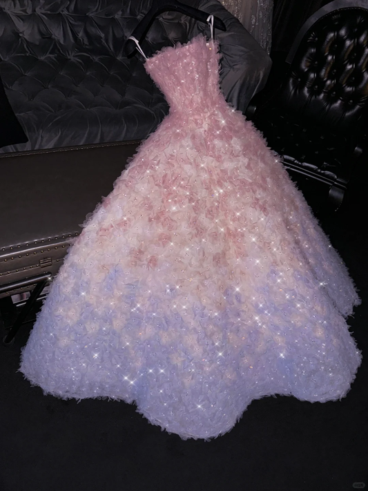 Fairytale Strapless A-Line Tulle Beaded Long Prom Dress Birthday Ball Gown, DP5316