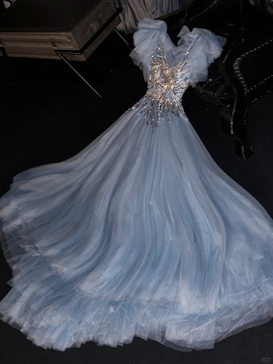 Elegant Blue V Neck A-Line Beaded Long Formal Prom Dress Evening Party Dress, DP5317