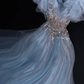 Elegant Blue V Neck A-Line Beaded Long Formal Prom Dress Evening Party Dress, DP5317