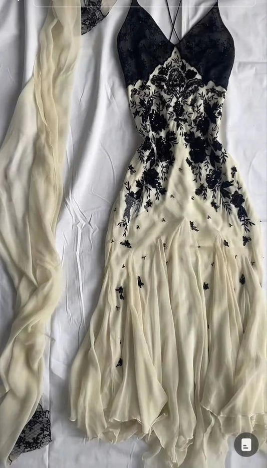 Robe de soirée longue en mousseline de soie, col en V, bretelles vintage, robe de bal, DP5303