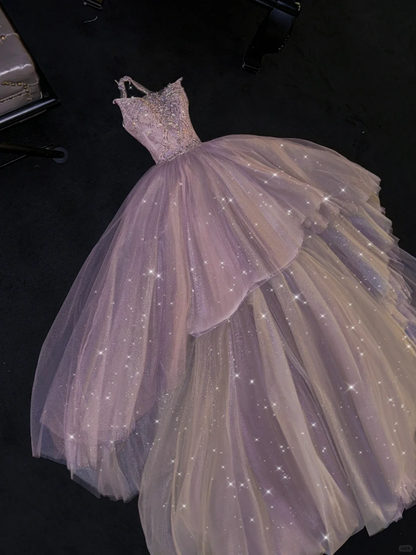 Shiny Lilac Halter A-Line Beaded Long Evening Party Dress Birthday Ball Gown, DP5335